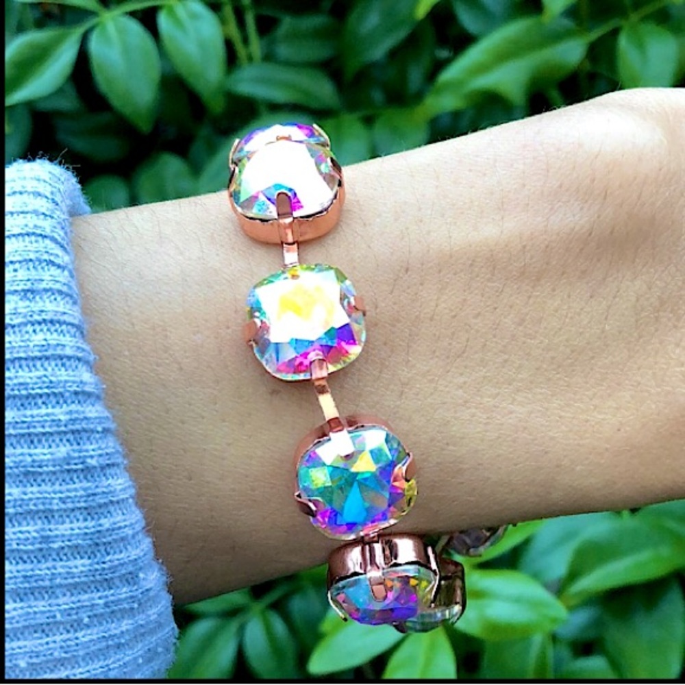Aurora Borealis + Rose Gold Cushion Cut Crystal Tennis Bracelet - Picture 3 of 9